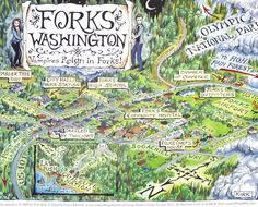 a map of forks, washington with the towns and parks labeled in black on it