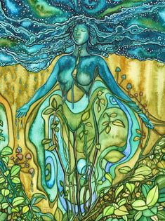 a painting of a woman surrounded by plants and water, with the sky in the background