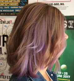 Lavender Hair Highlights, Peek A Boo Highlights, Purple Peekaboo Highlights, Purple Peekaboo Hair, Purple Highlights Brown Hair, Purple Brown Hair, Lavender Highlights, Peekaboo Hair Colors, Purple Hair Highlights