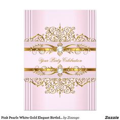 a pink and gold birthday card with an ornate design on the front, featuring a diamond center