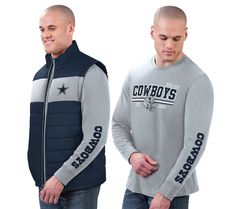 two men standing next to each other wearing cowboys jackets