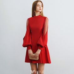 Modest / Simple Burgundy See-through Homecoming Graduation Dresses 2019 A-Line / Princess High Neck Puffy Long Sleeve Short Ruffle Backless Formal Dresses Backless Formal Dresses, Girls White Dress, Girls Formal Dresses, Graduation Dresses, Sleeves Designs For Dresses, Classy Dress Outfits, White Short Dress, Outfit Trends, Designs For Dresses