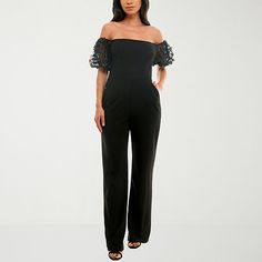 Make a statement in this elegant one-and-done women's jumpsuit from Premier Amour. It's made from a soft stretch crepe with a square neckline, mesh short sleeves accented with floral appliques, wide legs, and a back zip fastening. Features: Applique, Stretch FabricClosure Type: ZipperNeckline: Square NeckPockets: 2 Side Slip PocketsSleeve Length: Short SleeveSleeve Style: Off Shoulder SleeveFiber Content: 95% Polyester, 5% SpandexFabric Description: Crepe, MeshInseam: 32 1/2 InCare: Hand Wash, L Evening Strapless Elastane Jumpsuit, Elegant Strapless Elastane Jumpsuit For Party, Chic Spring Jumpsuits And Rompers, Chic Elastane Jumpsuits And Rompers For Spring, Chic Elastane Jumpsuits And Rompers For Party, Fitted Elastane Pantsuit For Party, Fitted Strapless Jumpsuit For Spring Cocktail, Strapless Elastane Jumpsuit For Party, Fitted Elastane Jumpsuits And Rompers For Evening