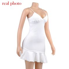 FREE SHIPPING Elegant Ruffles Mini Dress Spaghetti Straps JKP4611 Flirty Fitted V-neck Suspender Dress, White V-neck Suspender Dress For Party, White Fitted Cami Suspender Dress, White Fitted Flirty Suspender Dress, White Fitted Suspender Dress With Spaghetti Straps, Chic Fitted V-neck Suspender Dress, White Fitted Suspender Dress, White Camisole Mini Dress For Party, White Cami Mini Dress For Party