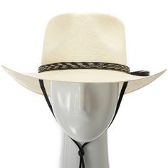 The Rio Grande is an American hybrid between a teardrop crown fedora and the brim and stiffness of a western cowboy hat. Features a sweat-resistant band on the inside and a handcrafted leather and horsehair band on the exterior. The chin strap can be worn functionally or placed above the brim as an extension of the hatband. This item is a genuine Panama Hat handwoven in Ecuador. Imported Material: 100% Toquilla StrawBrim: 3" fixedCrown: 4 1/8" teardropHatband: 5/8" horsetailClimate: Sun Handwove Adjustable Flat Brim Straw Hat For Rodeo, Adjustable Brimmed Panama Hat For Rodeo, Adjustable Brimmed Panama Hat For Ranch, Adjustable Short Brim Panama Hat For Ranch, Adjustable Western Panama Hat For Western-themed Events, Classic Adjustable Sun Hat For Rodeo, Adjustable Western Panama Hat With Curved Brim, Western Panama Hat With Adjustable Curved Brim, Adjustable Western Sun Hat With Short Brim