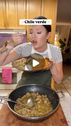 a woman is holding two plates of food in front of her face, with the words chile verde on it