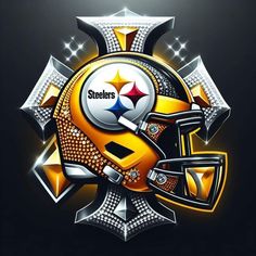 a football helmet with the pittsburgh logo on it's side and diamonds in the background