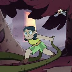 a cartoon character holding onto a snake in front of a tree with a flying insect