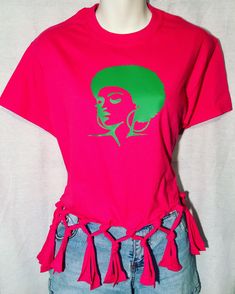 Cotton Tee. Cute and fringed! Hot Pink shirt and green vinyl. Very unique and trendy. Available in other sizes. Please specify your size by sending us a note or you may inquire first. Thanks. Casual Short Sleeve Fringe T-shirt, Trendy Short Sleeve T-shirt With Fringe, Trendy Fringe Short Sleeve T-shirt, Trendy Short Sleeve Fringe T-shirt, Casual Cotton T-shirt With Fringe, Spring Cotton Fringe T-shirt, Spring Fringe Cotton T-shirt, Casual Crew Neck T-shirt With Fringe, Fringe Tshirt