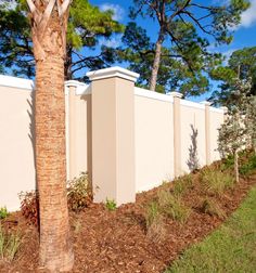 a white fence is next to a tree