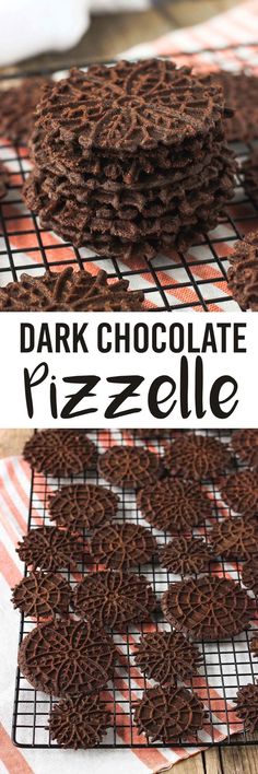 chocolate pizzas cooling on a rack with the words dark chocolate pizza written below them