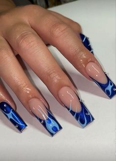 Blue Acrylics With Design, Lowrider Inspired Nails, Cool Blue Nail Designs, Saturno Nail Ideas, Drake Concert Nail Ideas, Blue Acrylic French Tip Nails, Rap Concert Nails, Black Nail Sets Medium, Long Almond Acrylic Nails Designs