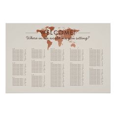 a wedding seating chart with the world map in brown and black on white paper, which reads