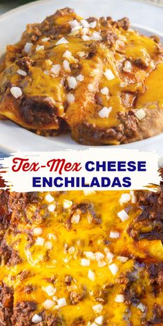 a close up of a plate of enchiladas with text overlay that reads tex - mex cheese enchiladas