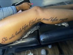 a woman with a tattoo on her leg that reads, she will always be loved again