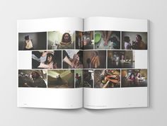 an open book with pictures of people in different poses and colors on the pages is shown