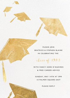 a graduation party card with gold foil on it