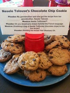 chocolate chip cookies on a blue plate with a red cup in the middle and information about each cookie