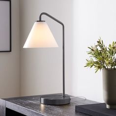 a desk lamp sitting on top of a wooden table next to a potted plant