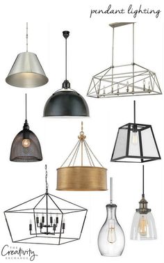 several different types of pendant lights hanging from the ceiling