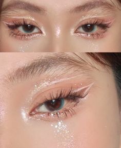 Sparkly Makeup Looks Simple, Dousing Eye Makeup, Flirty Makeup Looks, Almond Nails Douyin, White And Gold Makeup Looks, Subtle Fairy Makeup, Angelic Makeup Aesthetic, Nude Makeup Looks, Makeup For White Dress