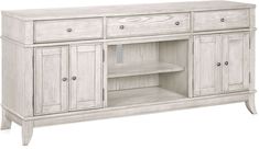 the sideboard is white and has two drawers on one side, and an open shelf on the other