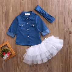 The Aimee Denim Tutu Set for baby, toddler, infant, girls, kids. Girls Denim Shirt, Gonna In Tulle, Tutu Skirts, Headband Outfit, Fashion Baby Girl Outfits, Tutu Outfits, Girls Clothing Sets, Girls Denim