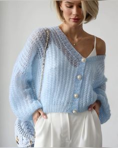 Elegant Blue Winter Cardigan, Elegant Mohair Sweater For Winter, Elegant Mohair Winter Sweater, Elegant Mohair Cardigan For Spring, Elegant Spring Mohair Cardigan, Winter Wedding Mohair Sweater, Elegant Fitted Mohair Cardigan, Elegant Hand Knitted Winter Cardigan, Elegant Hand Knitted Fall Outerwear