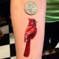 a red bird tattoo on the arm with a penny sitting next to it's side