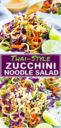 this noodle salad is made with zucchini noodles, carrots and shredded cabbage