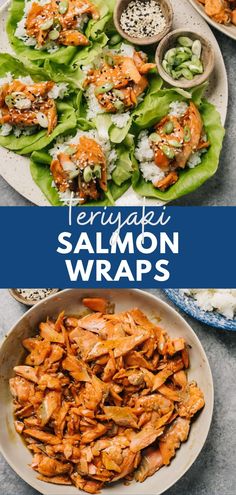 two plates with salmon and lettuce wraps on them