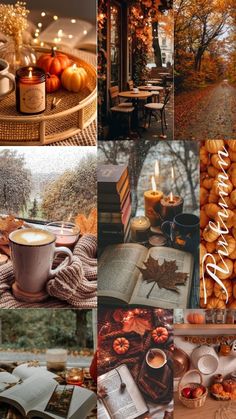 autumn collage with coffee, books, candles and pumpkins in the fall season