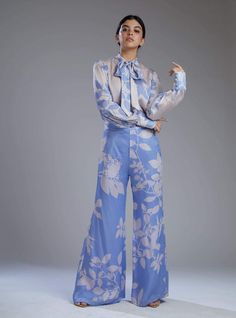 Floral Pants Outfit, Blue Floral Blouse, Designer Jumpsuits, Bow Blouse, Fashion Attire, Satin Silk, Floral Pants, Floral Print Blouses, Blue Suit