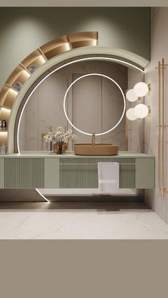 a bathroom with an oval mirror and marble counter top, along with gold accents on the walls