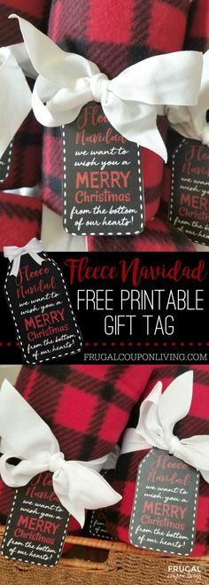 red and black plaid printable christmas gift tags with white ribbon tied around the tag