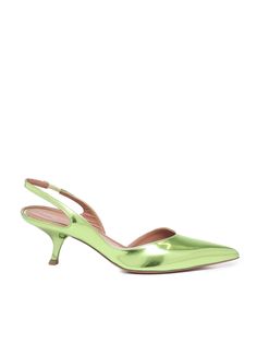 -Pointed slingback -Asymmetrical upper made of mirrored reflex print leather -Lacquered heel to match the 55m upper -Leather sole -Made in Italy -Color: ApricotComposition: 100% Calfskin Green Slingback Pumps With Sculpted Heel For Party, Luxury Green Slingback Pumps For Party, Green Slingback Pumps With Sculpted Heel For Summer, Chic Green Slingback Pumps With Sculpted Heel, Luxury Green Slingback Pumps, Pointed Toe Slingback Sandals With Leather Sole For Party, Party Slingback Sandals With Pointed Toe And Leather Sole, Summer Patent Leather Slingback Pumps With Leather Sole, Spring Patent Leather Slingback Pumps With Leather Sole