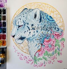 a drawing of a snow leopard surrounded by flowers