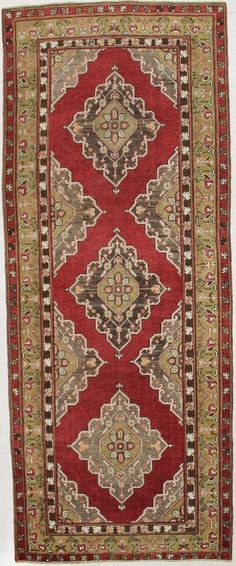 Stock # 02551 Name: Vintage Anatolian Tribal Konya Rug Size: 4′10″ x 12′2″ Design: Tribal, Geometric Color: Red and Olive Green Age: Aprox 85 Years Old Material: 100% Wool Details: Anatolian rugs are hand knotted in the Central Anatolia or Asia Minor region of Turkey. The patterns are from Ottoman era as well as modern Turkey. The central medallion used in this rug symbolizes the central authority of the Ottoman Sultans. The natural dyes used in this rug are obtained from vegetables such as red Seljuk Empire, Floral Runner, Dining Room Rug, Rug Sale, Ancient History, Natural Dyes, Woven Rug, Anatolian Rug, Beautiful Rug