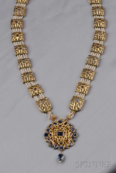 Antique High-Karat Gold, Foil-back Sapphire, Enamel, and Seed Pearl Pendant Necklace 2510, 575 | Skinner Auctioneers Rajputi Jewellery, Necklace Sale, Antique Gold Jewelry Indian, Silk Tassels, Antique Bridal Jewelry, Antique Jewelry Indian, Wedding Jewellery Collection, Antique Gold Jewelry, India Jewelry