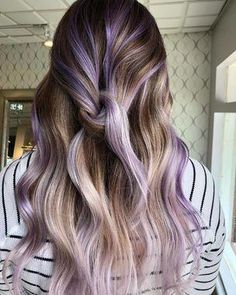 Brown Hair With Purple Highlights Subtle, Hair Ideas For Summer 2024, Color Hair Ideas For Blondes, Blonde With Purple Hair, Blonde Balayage With Purple, Long Hair Dye Ideas, Unnatural Hair Color Ideas, Lavender Balayage