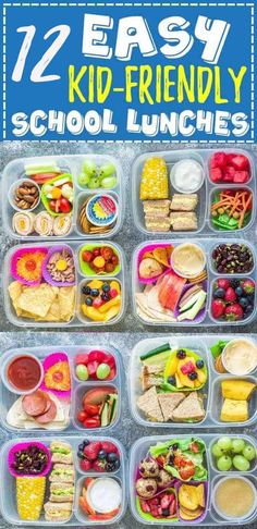 an easy lunch box for kids that includes fruit, vegetables and crackers with the words 12 easy kid - friendly school lunches