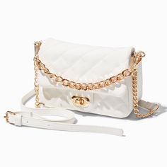 Claire's Quilted White Dual Strap Crossbody Bag Chic White Quilted Bag, Trendy White Quilted Shoulder Bag, White Quilted Shoulder Bag, White Quilted Rectangular Shoulder Bag, Everyday White Quilted Bag, White Quilted Crossbody Shoulder Bag, White Quilted Shoulder Bag For Everyday Use, Chanel Chain Wallet, Chanel Chain