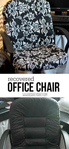 a black and white office chair sitting in front of a computer desk with the words recovered office chair on it