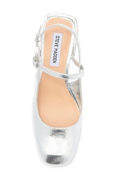 Dual adjustable straps lend retro-inspired styling to a square-toe pump lifted by a wrapped block heel. 2 1/2" heel Synthetic upper, lining and sole Imported Silver Heels Short, Silver Shorts, Closed Toe Heels, Short Heels, Silver Pumps, Flip Flop Slippers, Silver Heels, Silver Shoes, Sweaters And Leggings