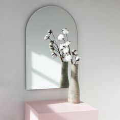 a vase filled with flowers sitting on top of a pink shelf next to a mirror