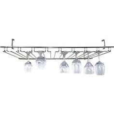 six wine glasses hanging from a metal rack with four glass holders on each side,