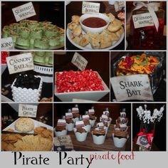 a collage of pirate party food and desserts including cookies, crackers, candies, candy bars