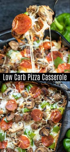 two different views of a pizza casserole with pepperoni, mushrooms and green peppers