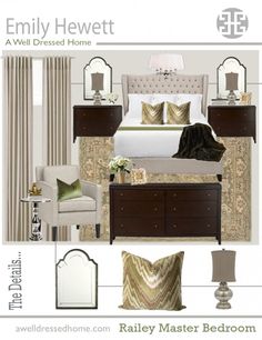 an image of a bedroom setting with furniture and accessories in white, gold and green colors