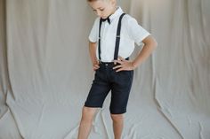 Boys Linen shorts with suspenders / Toddler Ring Bearer Shorts / Linen Boys Wedding outfit / Formal Wear, Navy Blue Elegant Fitted Belts And Suspenders With Bow, Classic Formal Shorts For Summer, Fitted Belts And Suspenders For Summer Party, Fitted Belts And Suspenders With Bow For Party, Classic Formal Summer Shorts, Classic Formal Belts And Suspenders For Summer, Classic Summer Party Bottoms, Summer Party Bow Tie, Wedding Outfit Formal